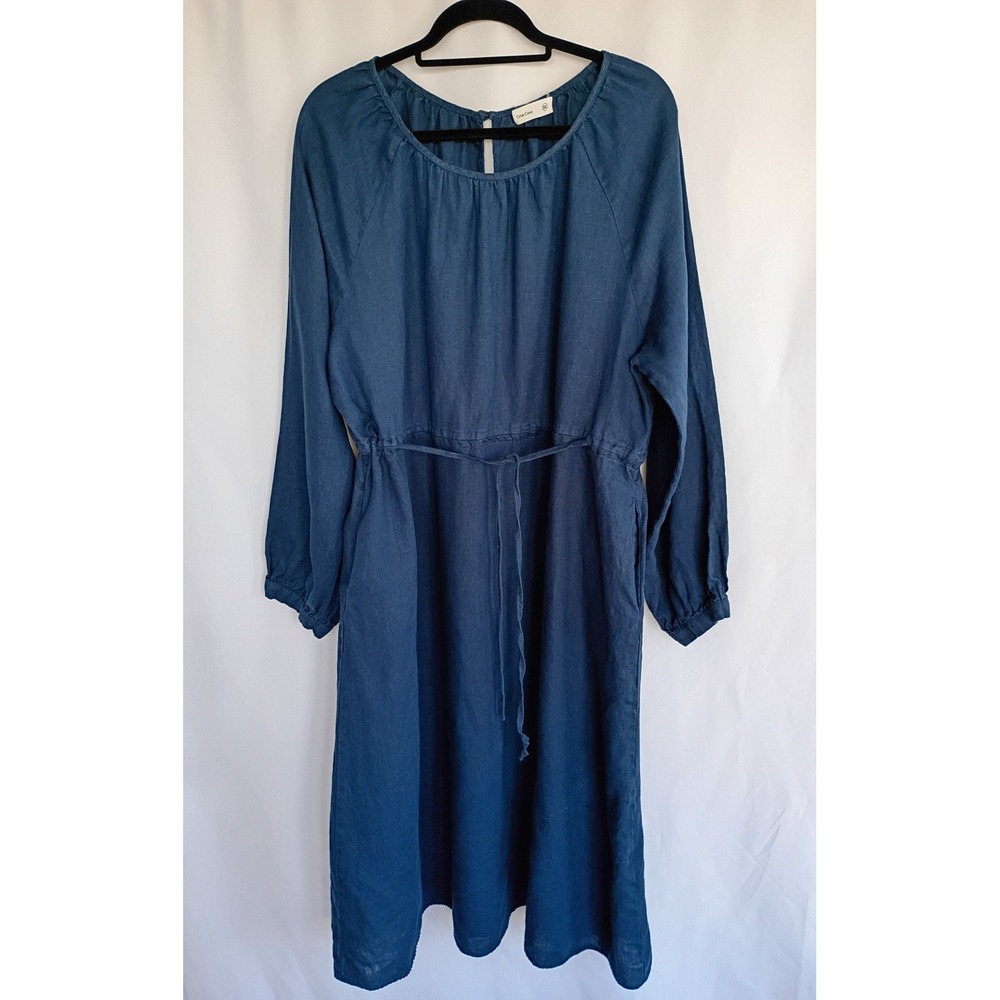 Grae Cove 100% Linen Midi‎ Dress XXL Navy Long Sleeve Drawstring Waist Pockets